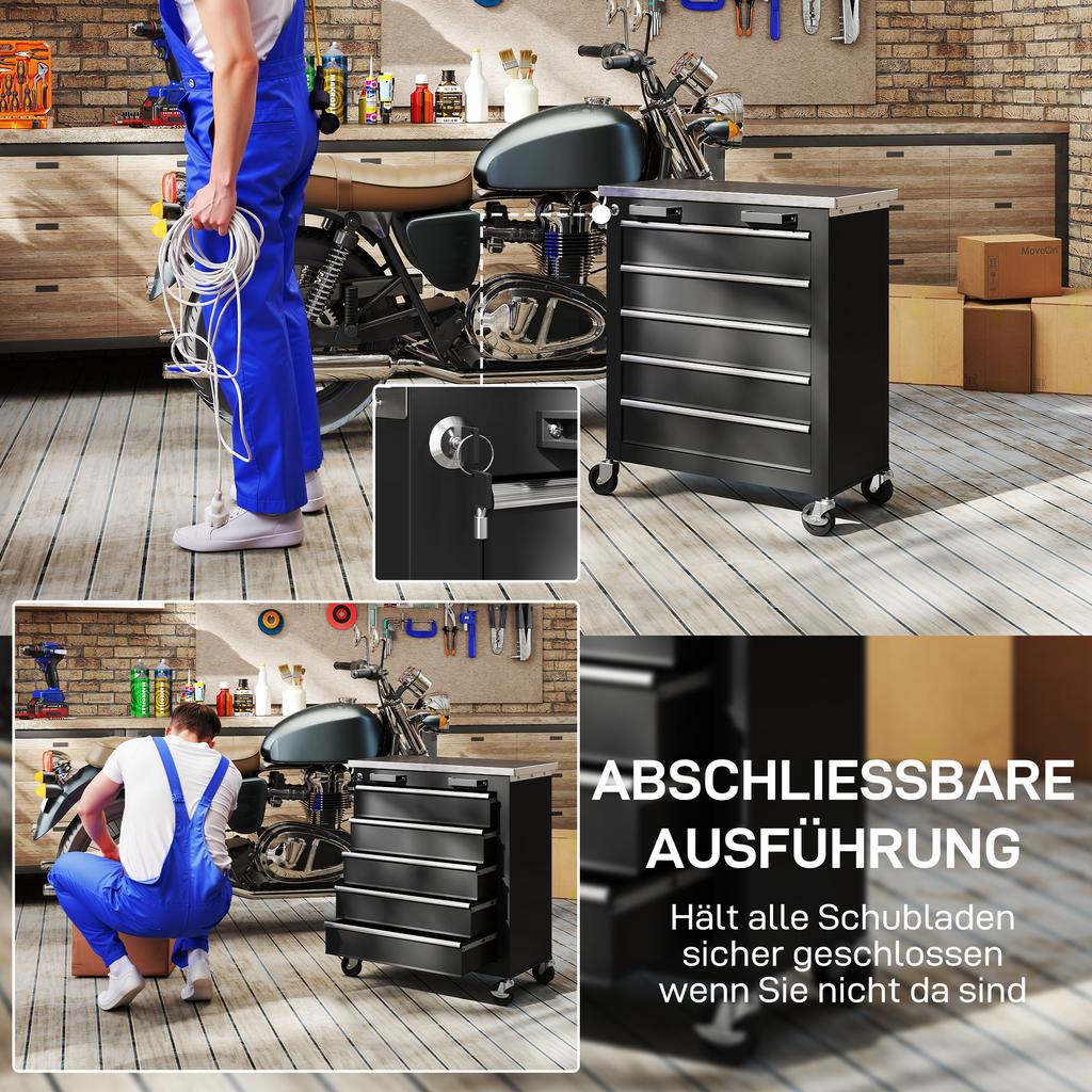 Tool Cabinet with 5 Drawers, Rolling Tool Chest, Tool Cart Made of Steel, Silver Tone+Black