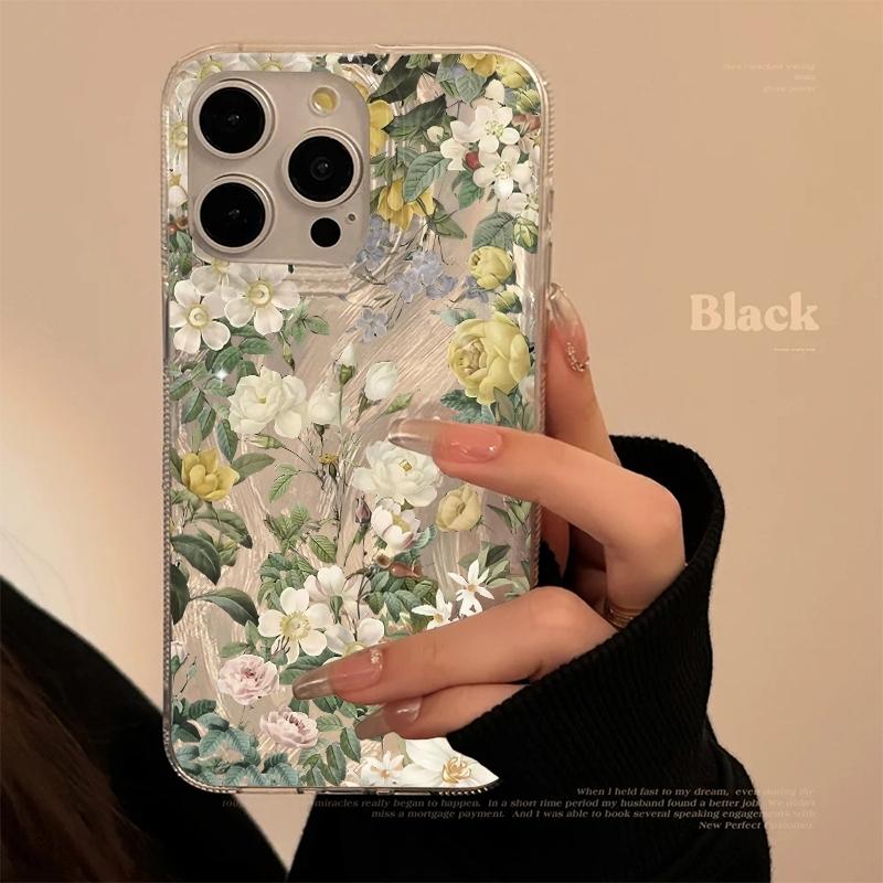 Phone Case For Iphone 17 Air 16 16e 17e 15 Plus 14 13 12 11 Pro Max New Silvery White Powder Floral Green Leaf Protective Cover