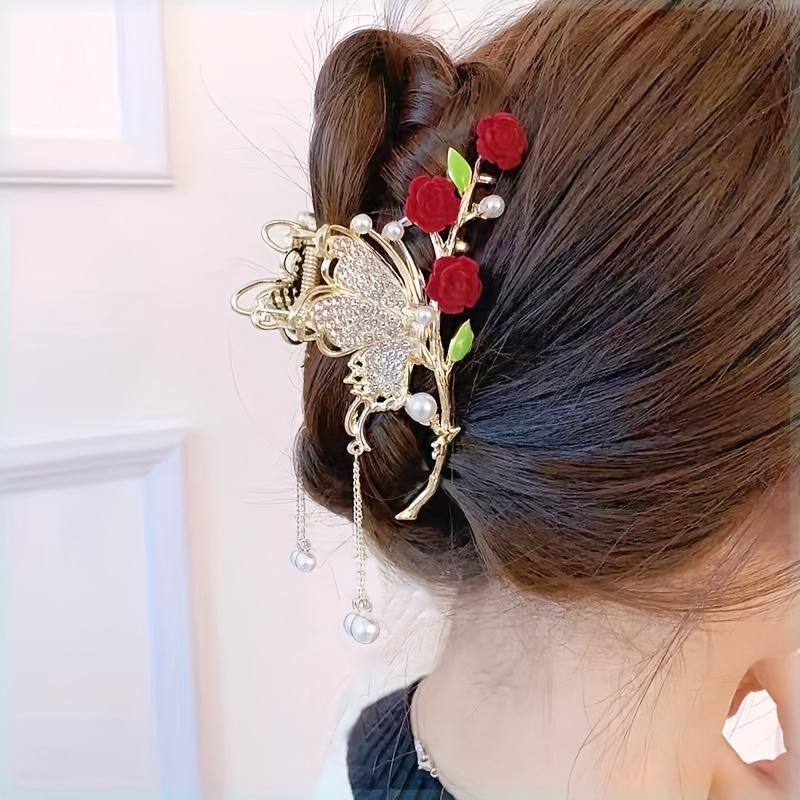 Delicate Long Faux Pearl Tassel Hair Claw, Butterfly Rhinestone Vintage Claw Clip, Women Girls Princess Style Hair Accessories