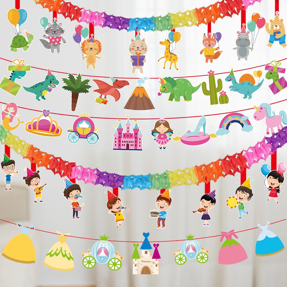 Birthday Energetic Hawaiian Decorating Kit With Colorful Paper Streamers And Triangle Flags For Events