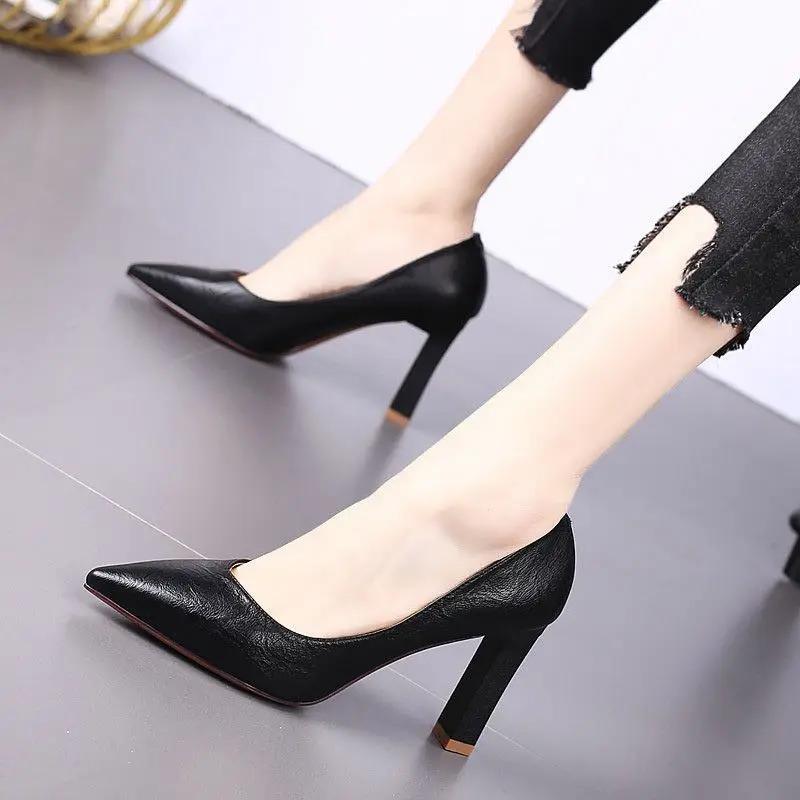 Fashion Ladies Footwear Super High Heel Pointed Toe Work Luxury Leather Casual Career Square Heels Women's Shoes Chunky Beau Today E L A