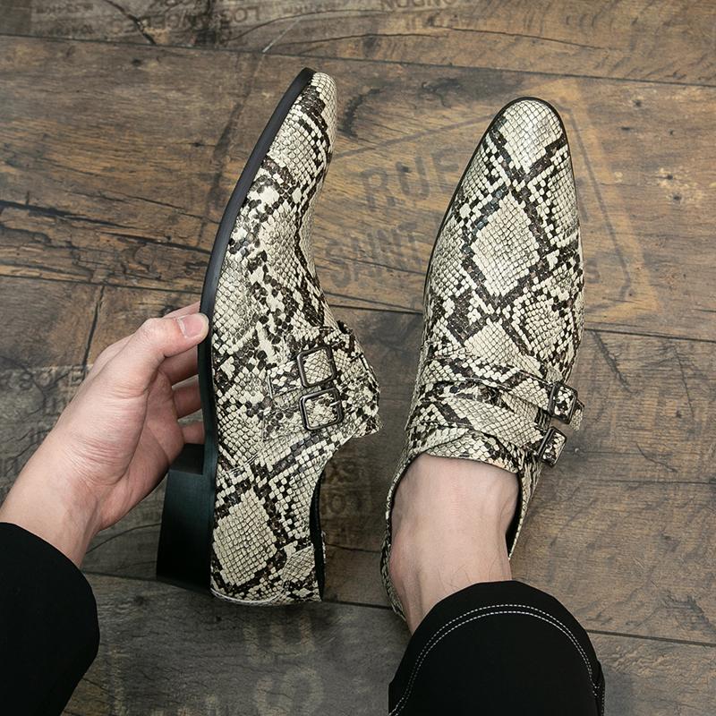Men Snake Print Chelsea Shoes Double Buckle Pointed Toe Stylish Casual Dress Shoes Luxury Leather Shoes for Men Footwear