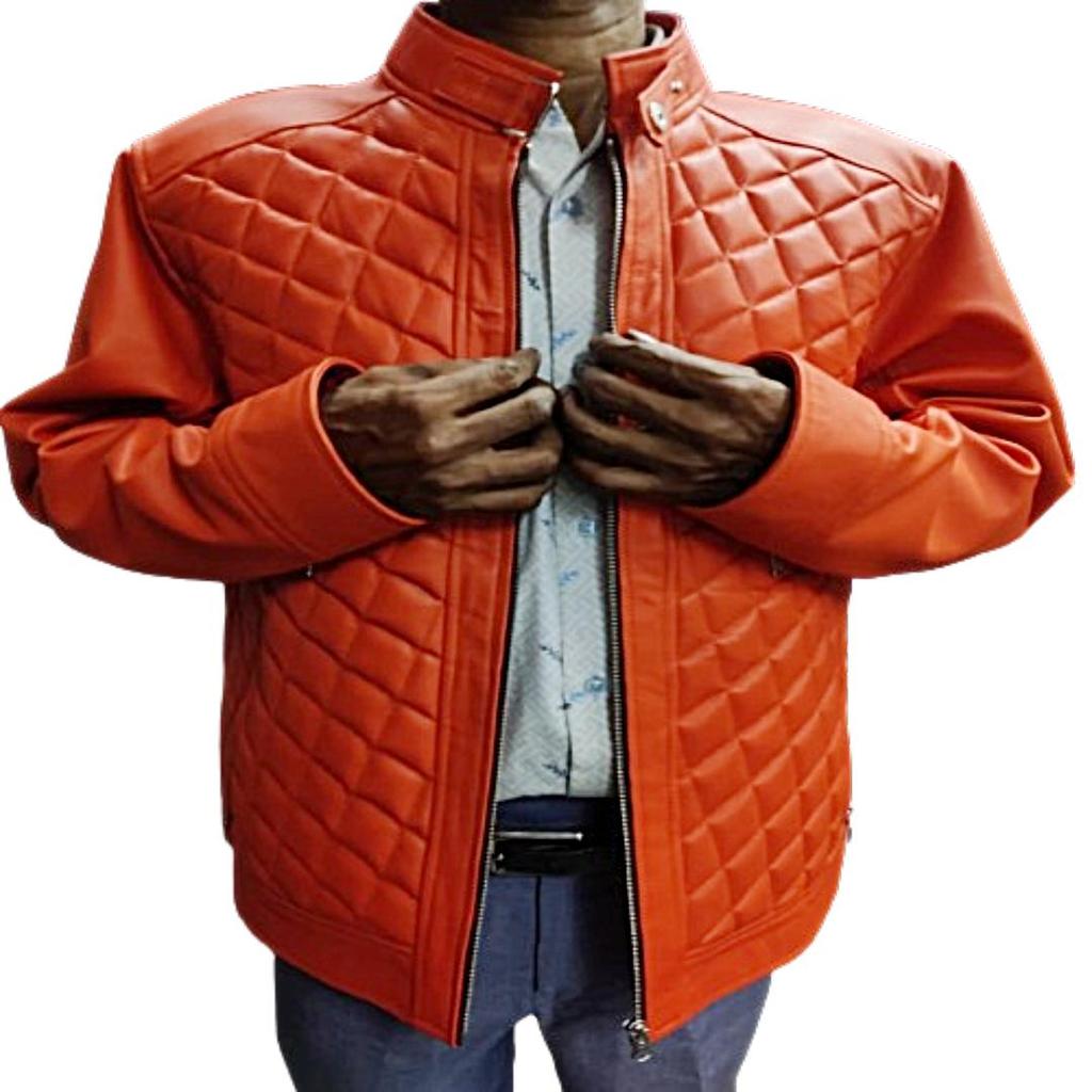 Orangefarbenes echtes LAmbskin-Leder für Herren, handgefertigte Bikerjacke, schmale Passform, Motorrad, gesteppter Stil, echte Lederjacke, CAfe Racer-Jacke, Geschenk für IHN