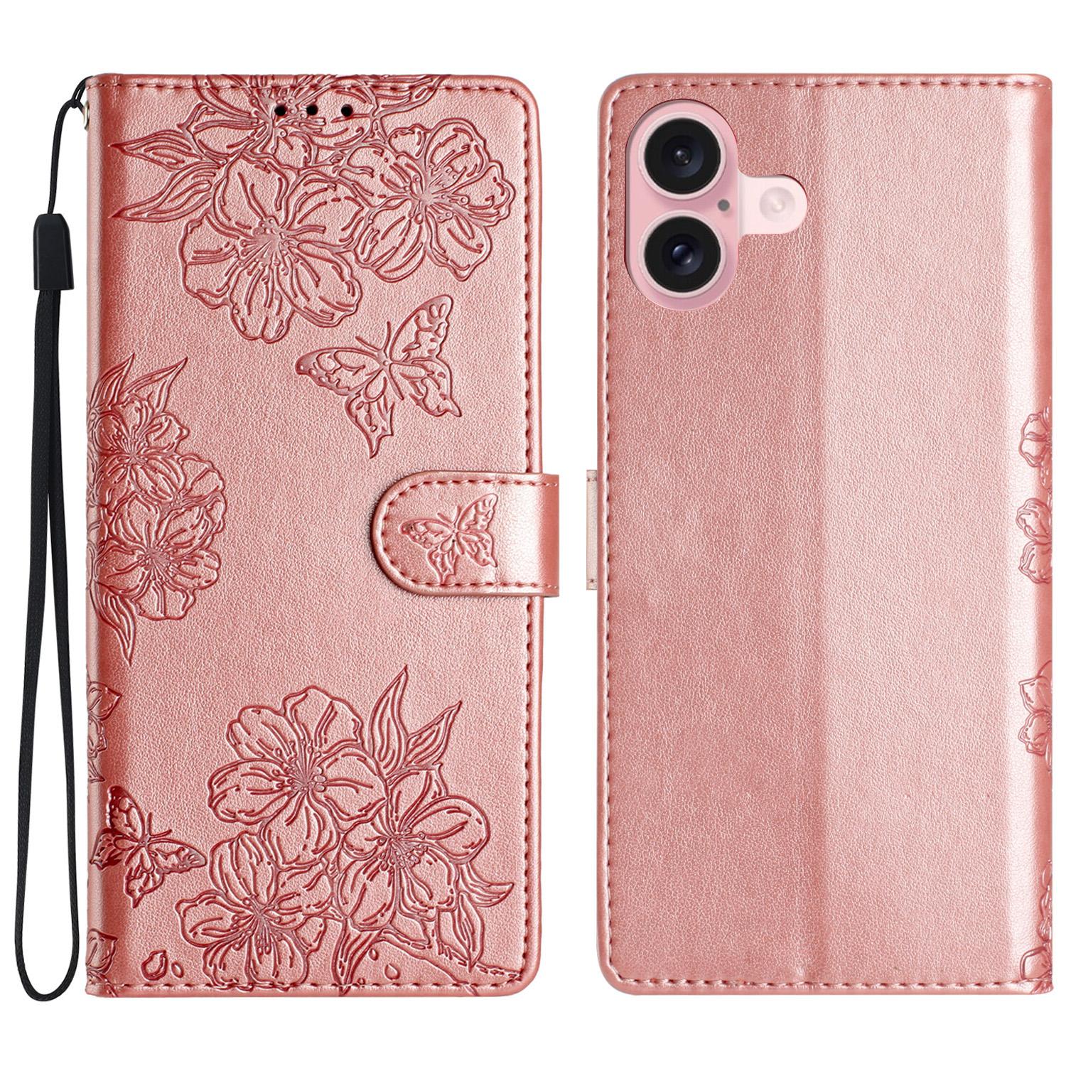 

For iPhone 16 Plus Wallet Case Butterfly Flower PU Leather Flip Protective Phone Cover Rose Gold
