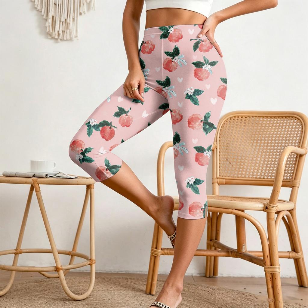 Women’s Elastic Waist Casual Slim Fit Split Hem Capri Pants with All Over Print Lightweight Stretch Fabric Design