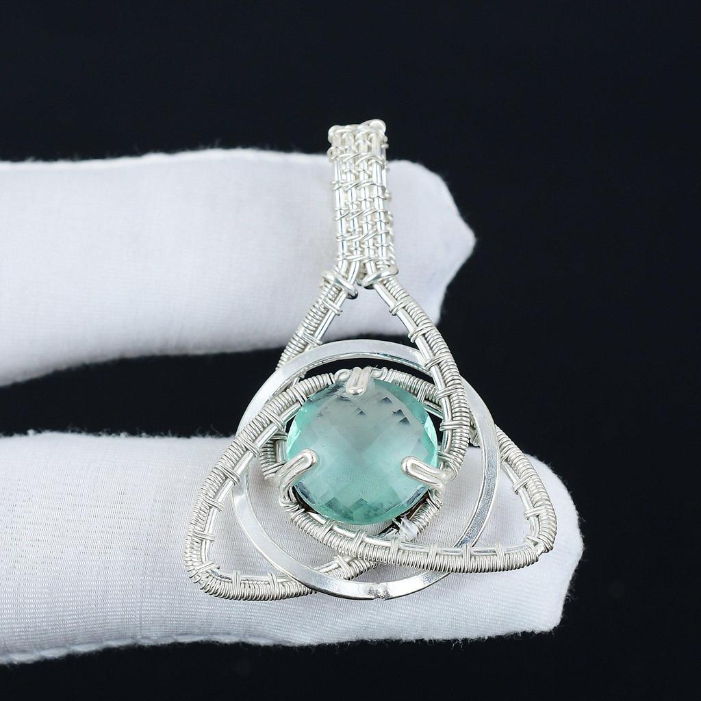 Aquamarline Gemstone Silver Pendant In 925 Sterling Silver- Handmade Design, Celtic Family Knot Wire Wrapped Everyday Jewelry, Party Wear Gift