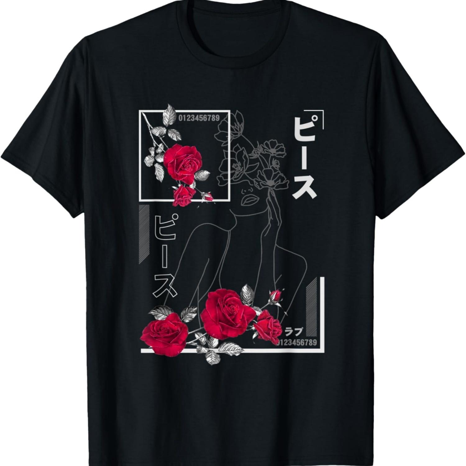 Japan Retro Minimalist Rose in Japanese Vaporwave Stylish T-Shirt S чёрный
