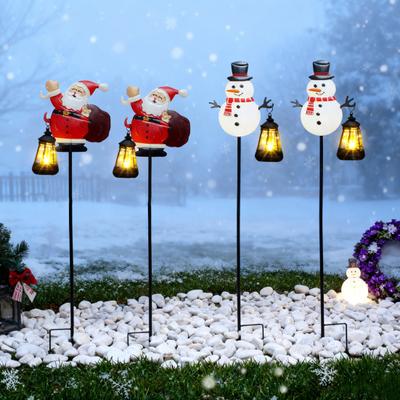 Solar Christmas Lawn Light Outdoor Lighted Santa Claus Garden Stake Metal Snowman Sign with Solar Lantern Waterproof Xmas Decor