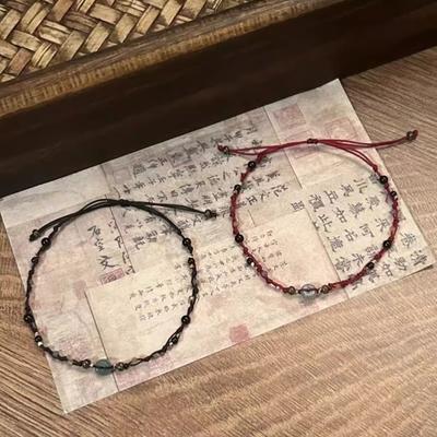 Retro Chinese Hand-Woven Bracelet Couple Safe Red Rope Beaded Niche Braided Rope Design Antique