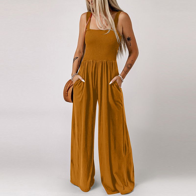 2024 Summer New Arrival Black Square Collar Smocking Jumpsuit Women European and American Leisure Slim Looking Suspenders Loose Pants Women