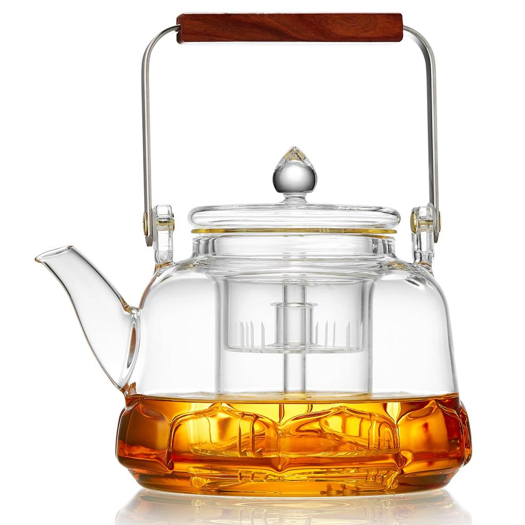 Pokaro Tea Heat-Resistant Glass Teapot, 1060ml, Integrated Steamer, Tea Strainer, Lotus-Shaped Glass Bottom, Clear Design, Wooden Handle, Perfect for