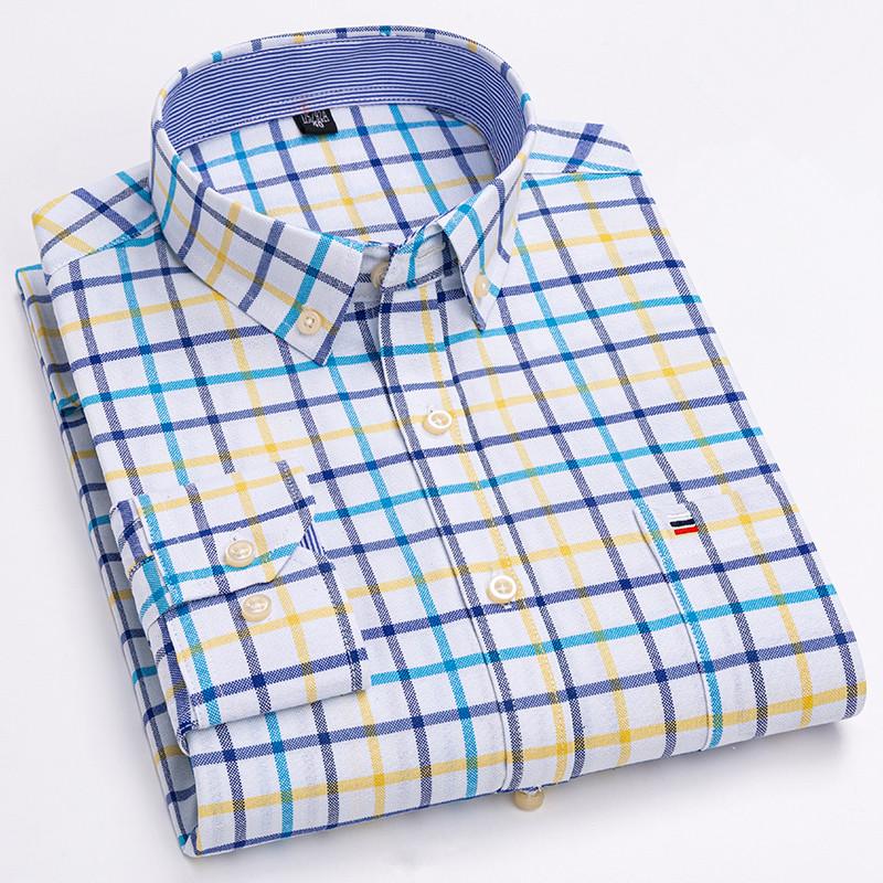 Men's 100% Cotton Shirt Long Sleeve Plaid Oxford Casual Solid Color Print Regular Fit Formal Dress Shirt Oversized 7XL  6XL 5XL