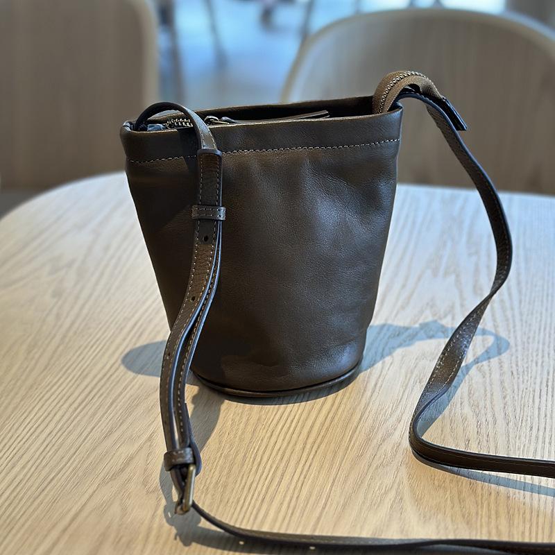 Johnature Casual Women Mini Bag Simple Solid Color Genuine Leather Versatile Small Bucket Shoulder & Crossbody Bags