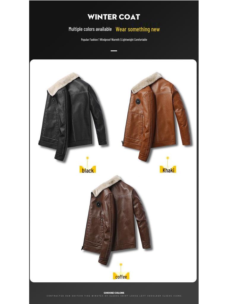 Men's Winter PU Leather Motorcycle Jacket with Lambswool Lining - Korean Style, Windproof, Thickened