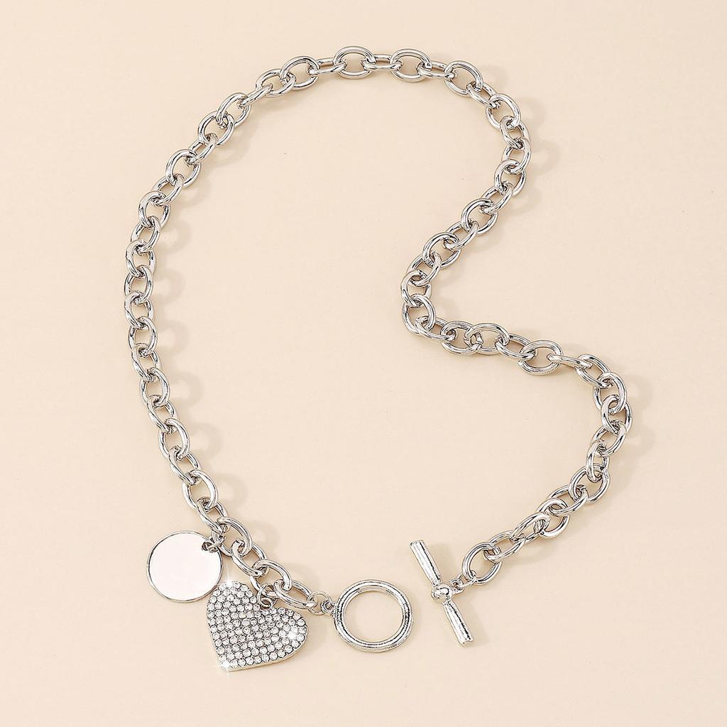 Women European Temperament Sweet Cool Choker Round Heart OT Buckle Chain Micro-set Minimalist Necklace For Women