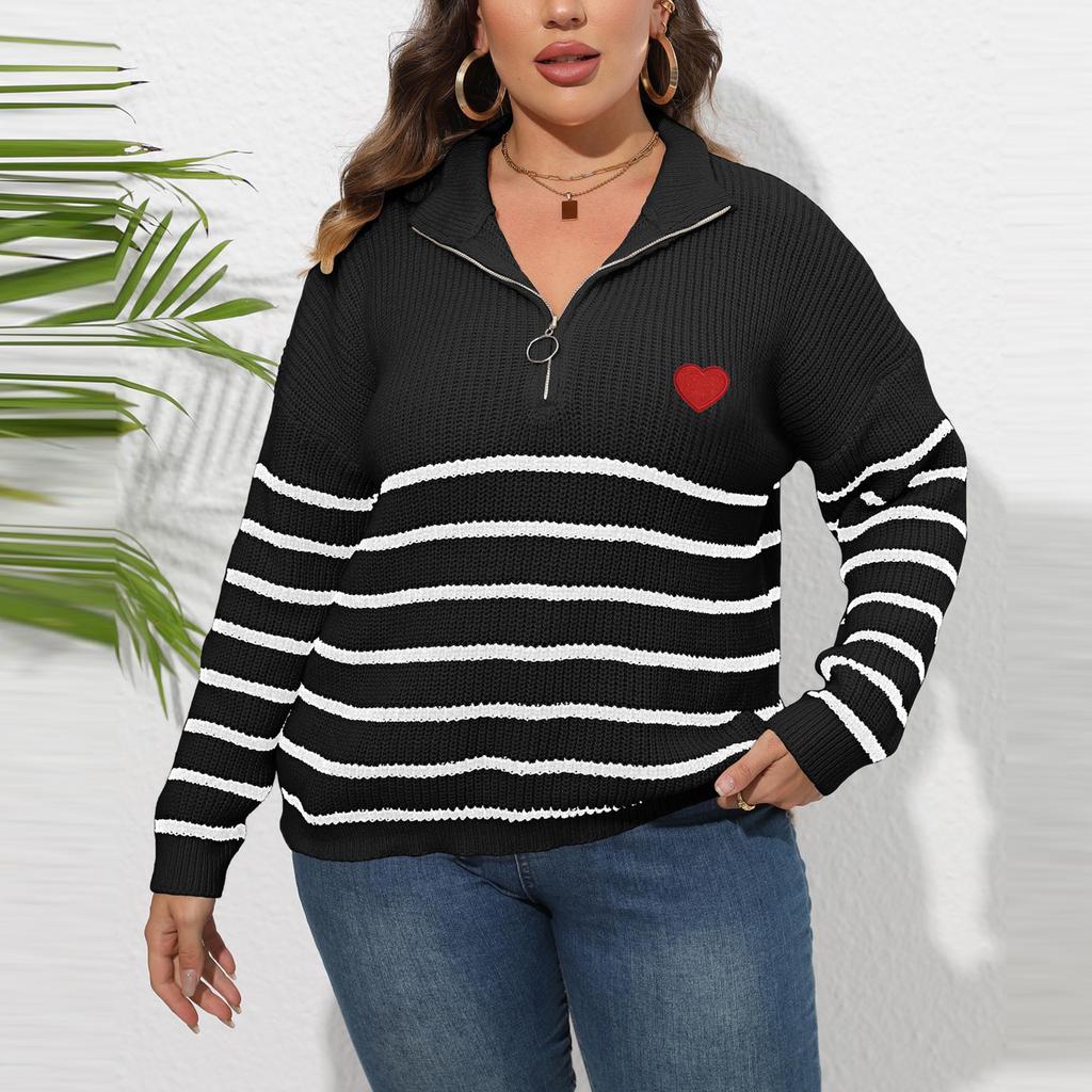 Women's Fashion Large Size Striped Stitching Half-Turtleneck Zipper Heart Knitted Sweater