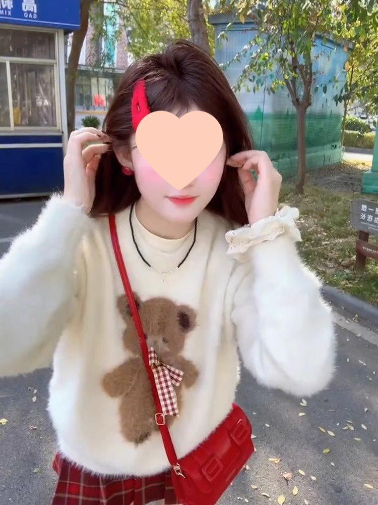 Apricot Mink Fur Teddy Bear Fuzzy Sweater for Women – Autumn Winter Bow Mohair Knit Top