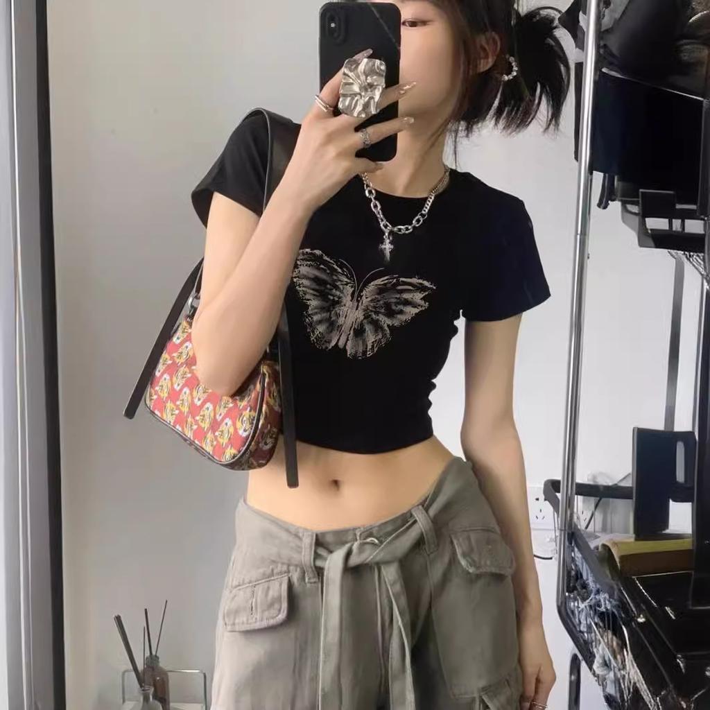 Summer Crop Exposed Short Sleeved T-shirt French Pure Desire Top for Women