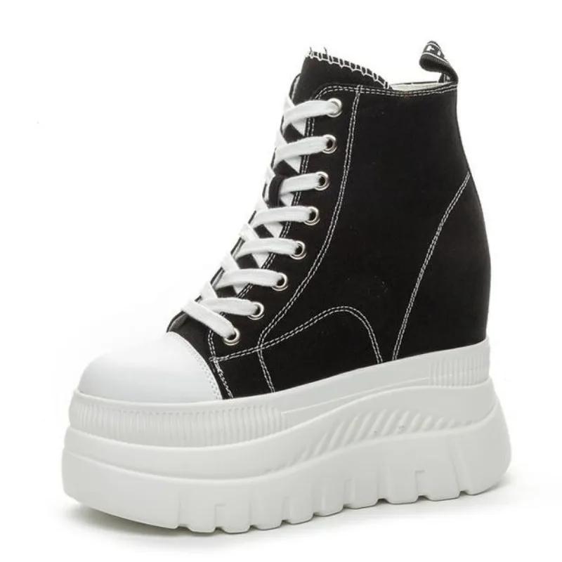 Fashion 12CM New Denim Women Breathable Platform Hidden Heels Shoes Genuine Leather Synthetic Chimney Fashion Spring Ankle Booties