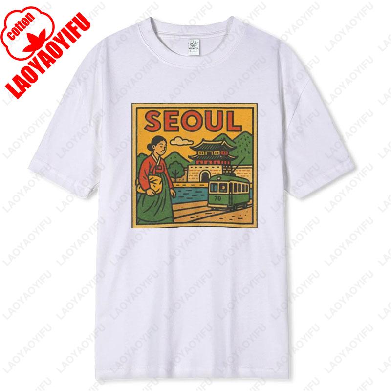 Seoul Korea Comic T-Shirt Unisex Retro-Stil Vintage Stadt-Skyline Grafik-T-Shirts Bold Asian Travel Baumwollshirt Geschenk Männer Frauen Tops
