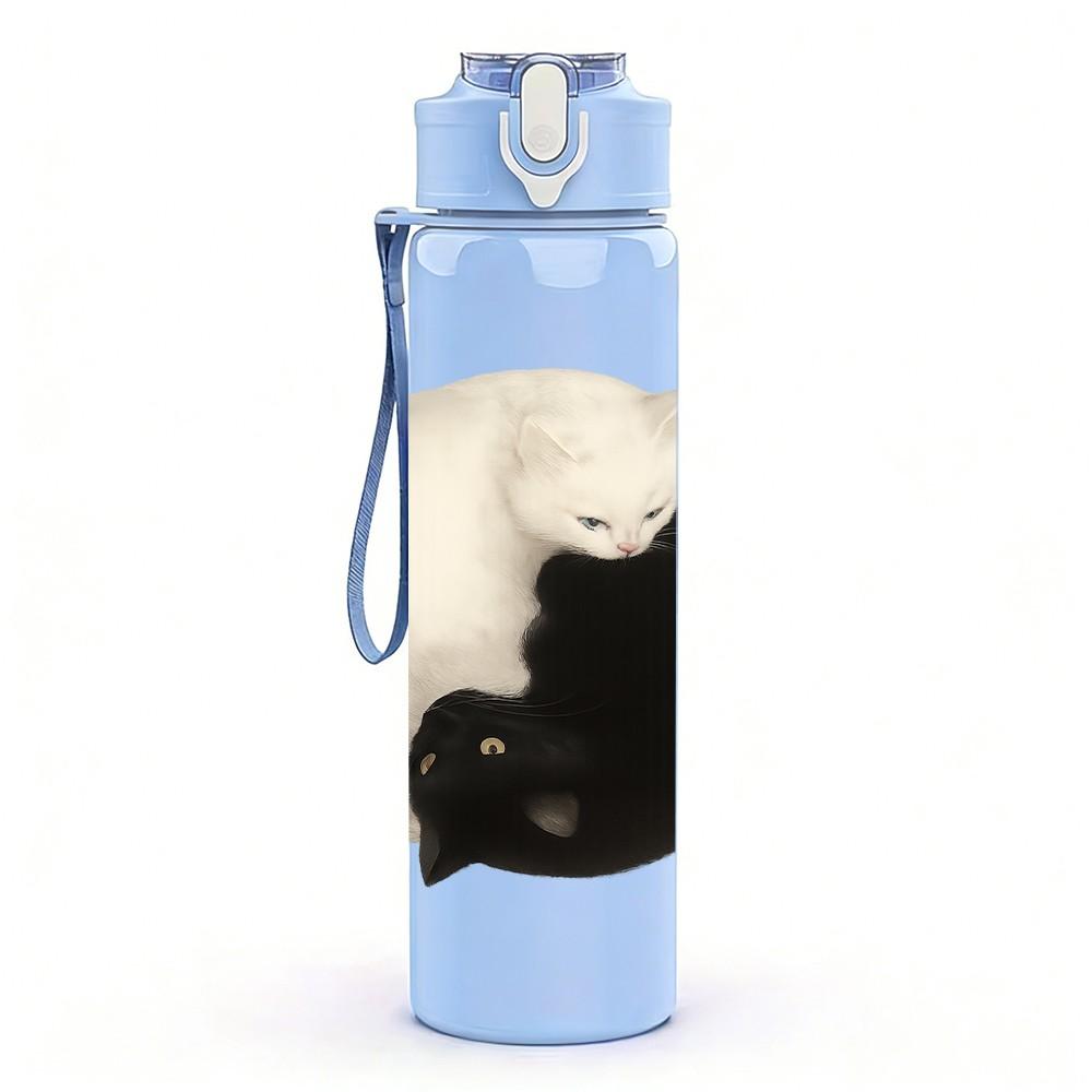 1PC Yin Yang Black White Cat 750ml Color Plastic Sports Water Bottle Leakproof Flip Straw Lid Suitable for Sports Office Home Use