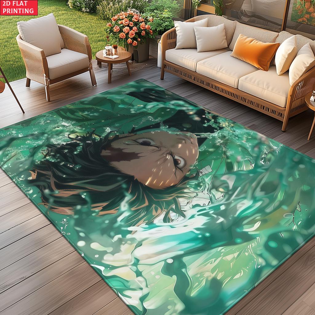 Anime Swordsman Area Rug, Green Water Wave Theme  Floor Mat, Decorative Carpet for Gaming Room Bedroom, Washable Home Decor Gift