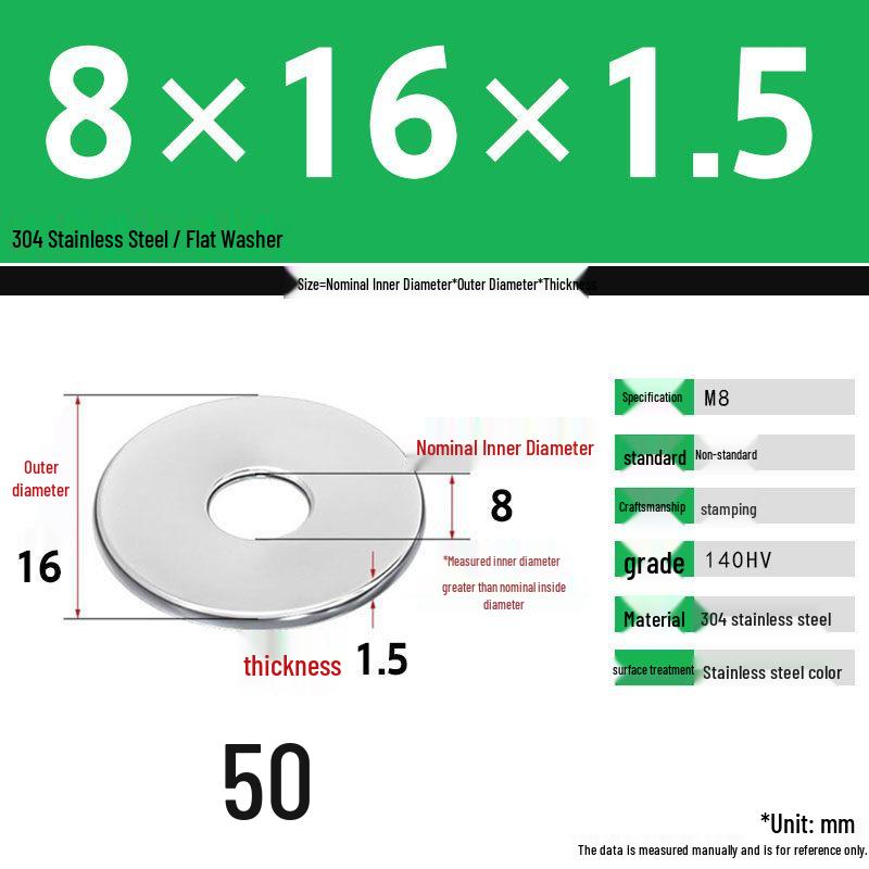 304 Stainless Steel Thickened Flat Washer Set, Sizes 2-36