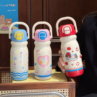 High-value Cartoon Children's Double Drink Bouncing Thermos Cup 316 Stainless Steel Straw Water Cup Handle Pot