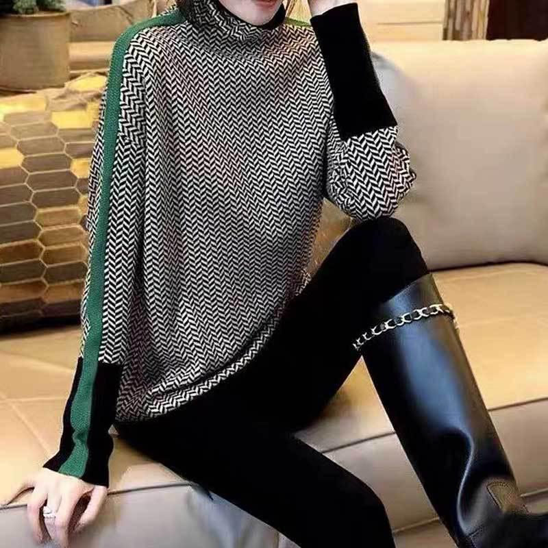 Women's Slimming Striped High Neck Long Sleeve Sweater, Petite Fit, Autumn/Winter 2025 European Style.