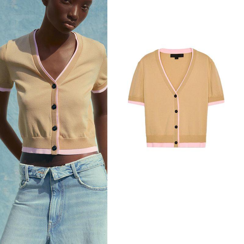 Summer New Product Women's Clothes Minimalist Style Single-Breasted Double-Layer Decorative Short Sleeve V-neck Knitted Jacket 3581012