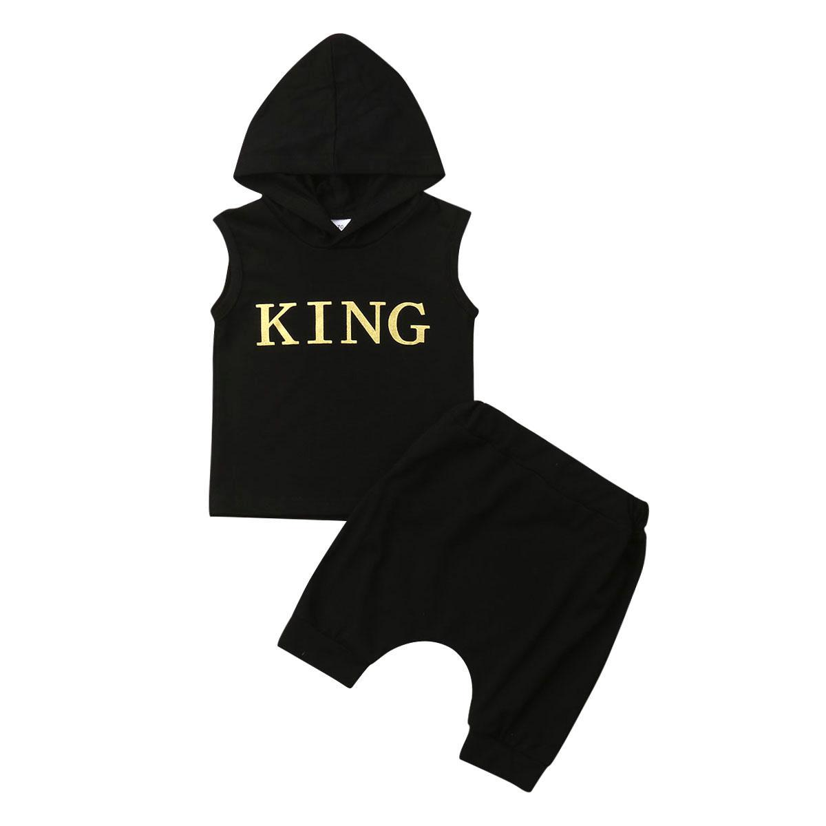 

Одежда для маленьких мальчиков, жилет с капюшоном KING, топы + шорты, комплект из 2 предметов, спортивный костюм 0-3m чёрный