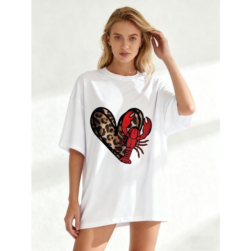 Oversized T Shirt Black Lobster Heart Leopard Print Summer Casual Wear