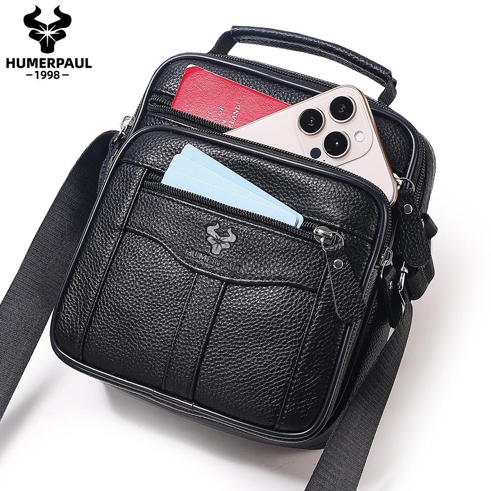 HUMERPAUL Men leather waist bag first layer cowhide multifunctional chest bag retro messenger bag shoulder bag