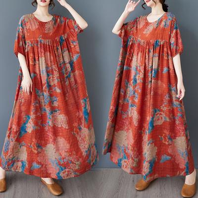 DIMANAF 2025 Women Plus Size Vintage Summer Dress Floral Short Sleeve Casual Basic New Printing Dress Loose Long Dress