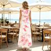 Women Sleeveless U Neck Maxi Dress,Pink Tie Dye Sundress,Abstract Splash Print,Summer Beach Dress