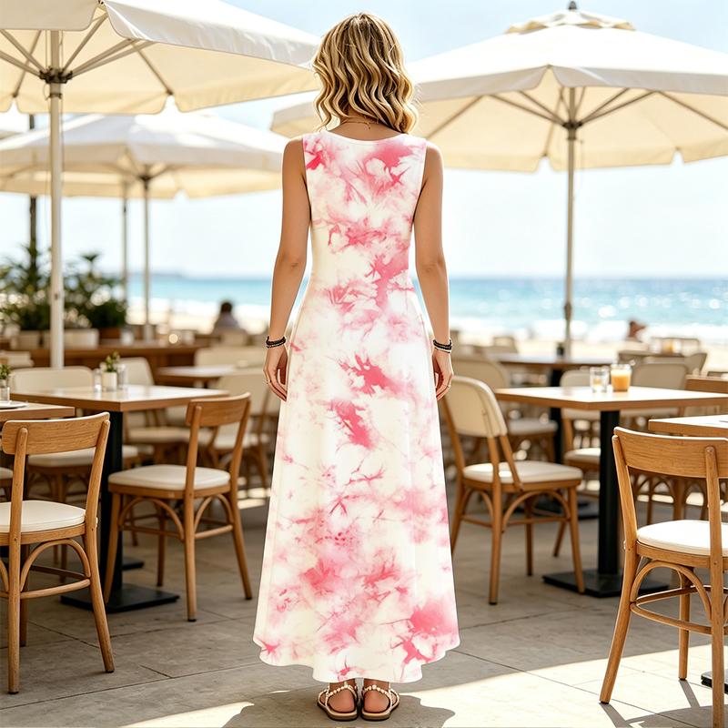 Women Sleeveless U Neck Maxi Dress,Pink Tie Dye Sundress,Abstract Splash Print,Summer Beach Dress