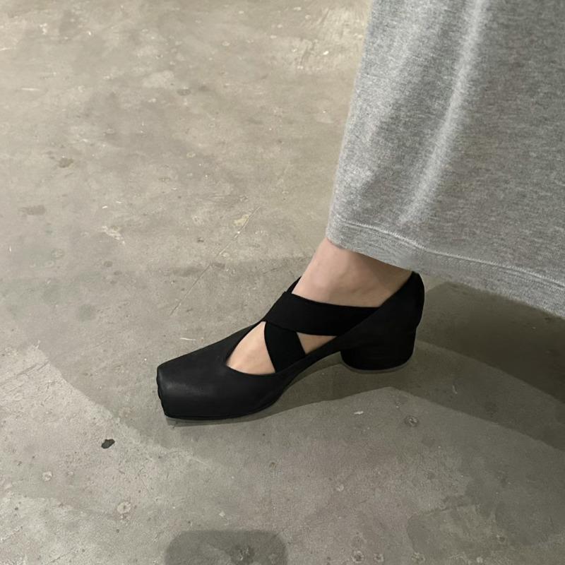 Sheepskin version~ Leather ballet shoes women's retro thick heel single shoes square head Mary Jane high heels