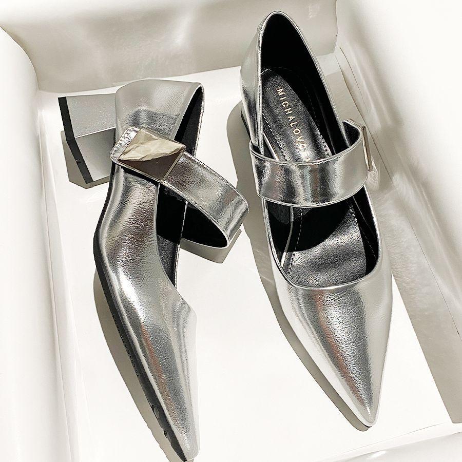 Coarse heel pointed head silver Mary Jane shoes women's 2025 new Velcro word with soft leather temperament high heels