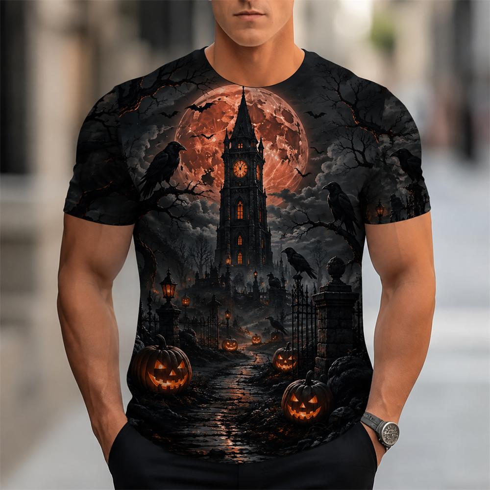Halloween Horror Black Castle Print Short Sleeve T Shirts For Men Trend Streetwear Personality Holiday Essentials Pumpkin Tshirt
