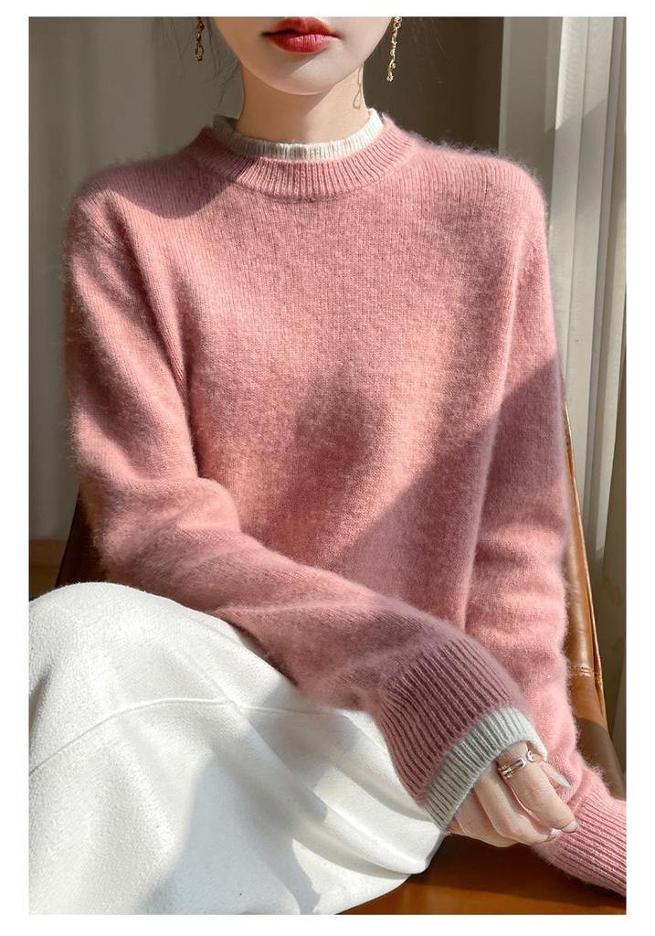 Women's Pink Color Block Wool Sweater: Autumn/Winter, Loose, Thick, Round Neck, Fake Two-Piece, Lazy Knit Base Layer