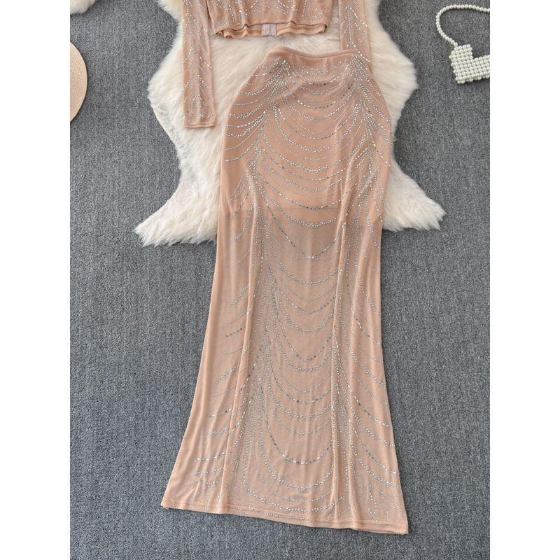 Influencer Picks 2024 Summer New Arrival Elegant Socialite Heavy Embroidery Hot Drilling Yarn Tops + Long Sheath Skirt Suit
