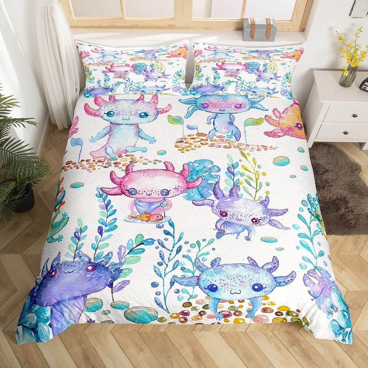 

Cute Axolotl Bedding Set For Boys Girls Kawaii Reptiles Animal Comforter Cover Twin King Size Sea Wildlife Axolotl Duvet Cover EU single(135x200cm)