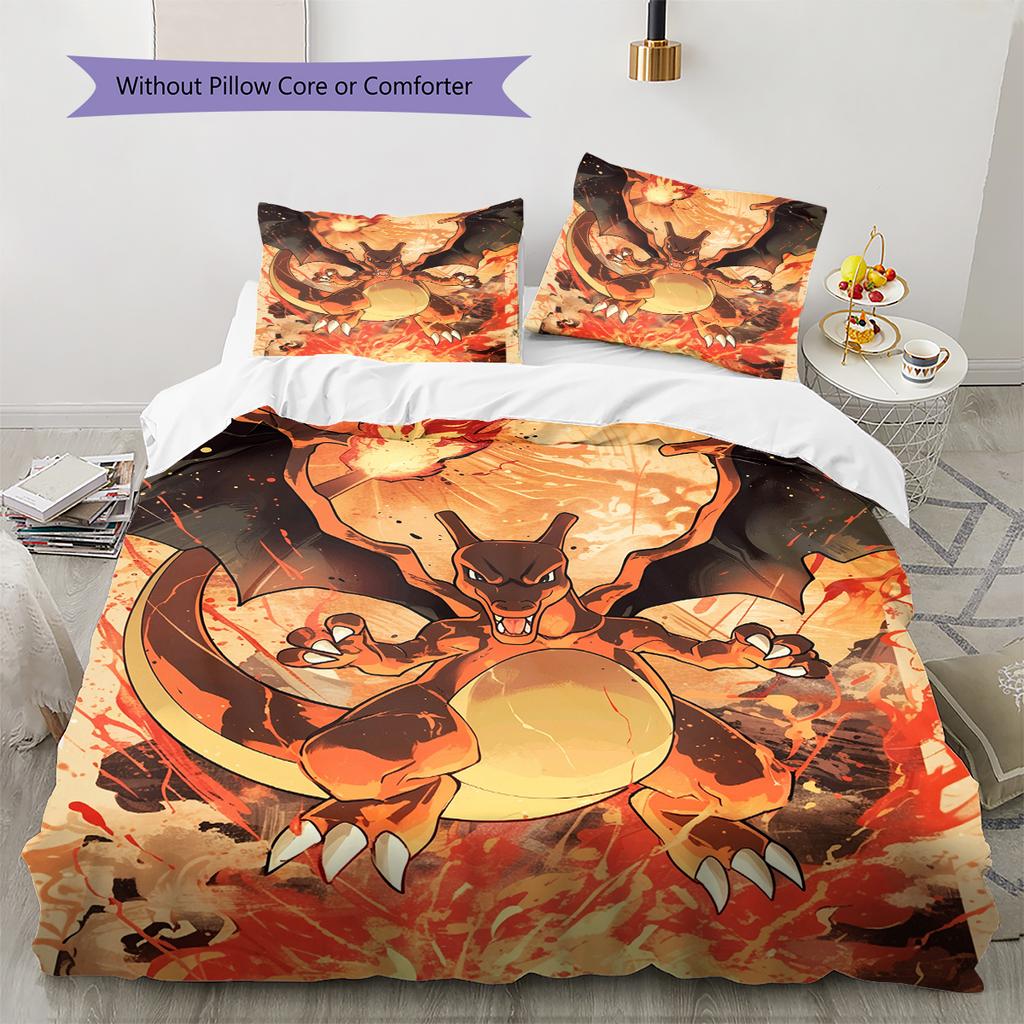 Pokémon Charmander Pattern Bedding Home Decoration Birthday Gift (1 * Duvet Cover + 2 * Pillowcase, Without Core)