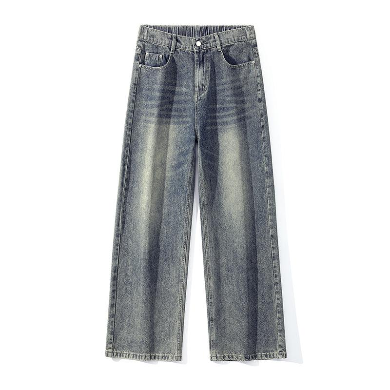 Hong Kong Style Semi-elastic Jeans for Men and Women Loose Straight Wide-leg Pants