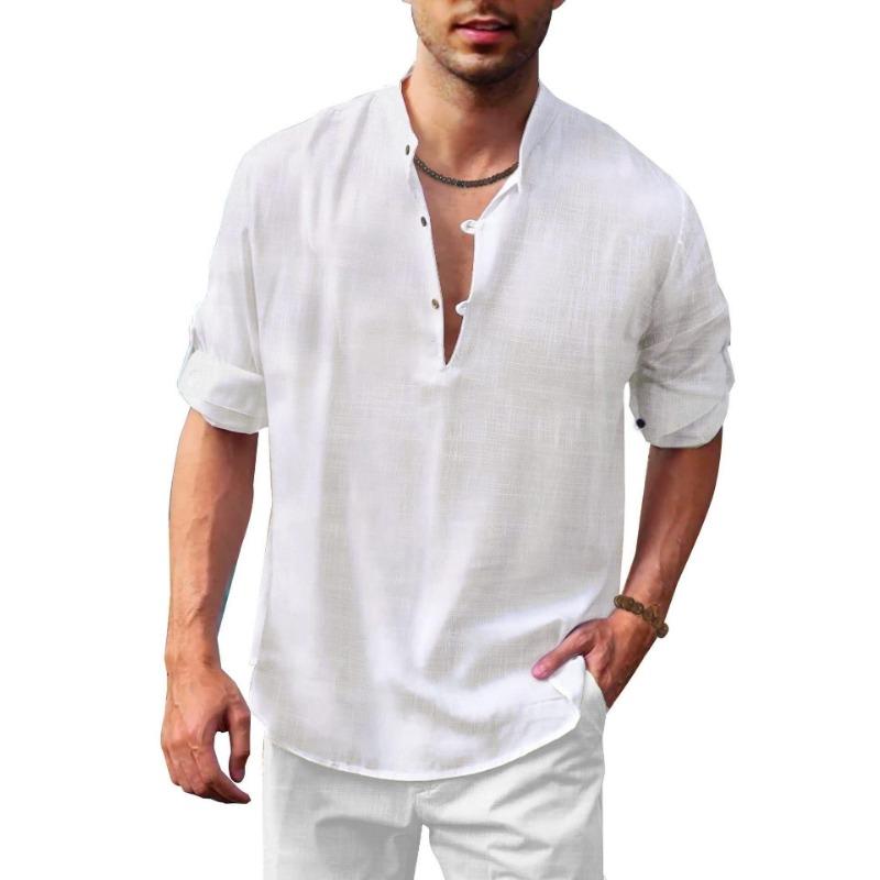 Amazon Independent Station Foreign Trade Autumn and Winter Men's Linen Henry Shirt Stand-Up Neck Long Sleeve Casual Beach Shirt