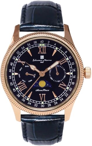 

Salvatore Marra Men s Moon Phase Multi-Calendar Watch, 5 ATM Water Resistant, Leather Strap, Limited Edition, Pink Gold, Blue, SM24110-PGBL