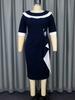 Elegant Navy Blue Midi Dress for Women Contrast Collar Half Sleeve Bodycon Style with Decorative Fold Church Wedding Guest Formal Office Wear