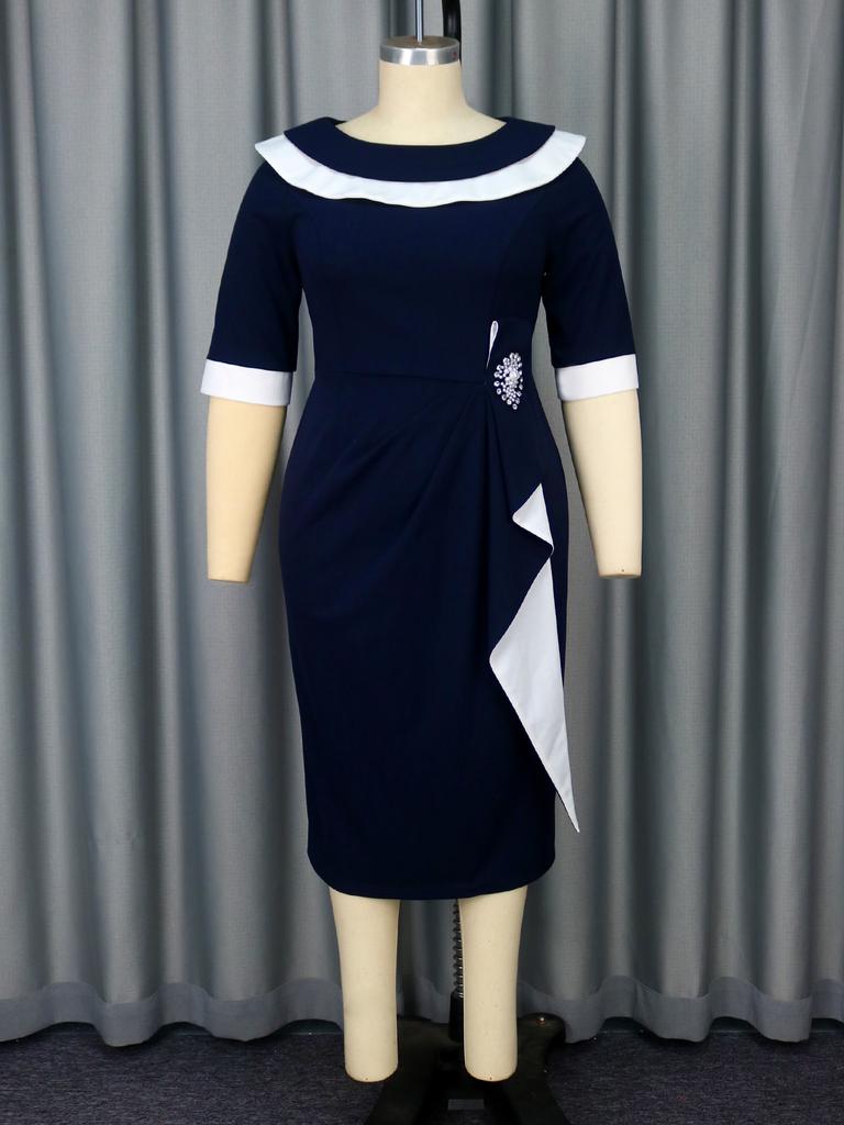 Elegant Navy Blue Midi Dress for Women Contrast Collar Half Sleeve Bodycon Style with Decorative Fold Church Wedding Guest Formal Office Wear