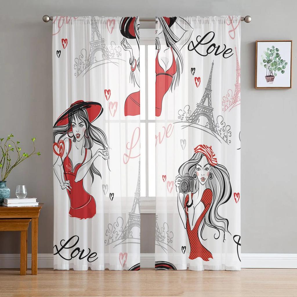 Red High Heels Eiffel Tower Butterfly Tulle Curtains for Bedroom Modern Voile Curtains Home Decoration Window Curtains