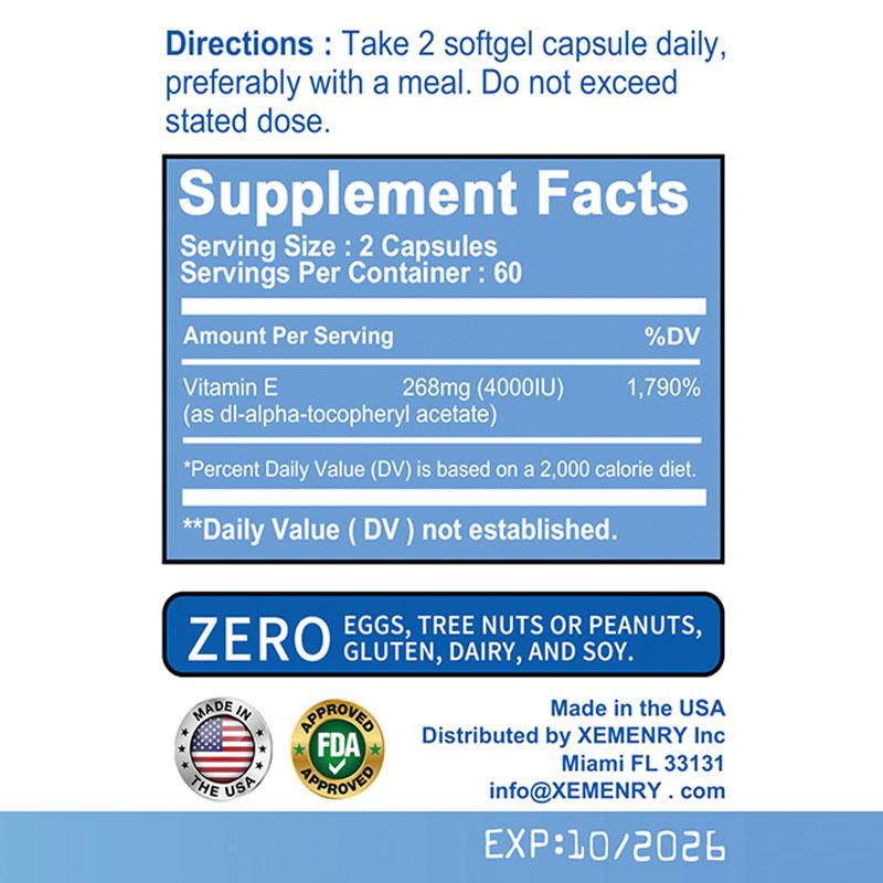 Vitamin E capsules, support antioxidant protection, all-natural, non-GMO, vegetarian, suitable for both men and women.